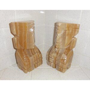 Vintage Hand Carved Onyx Aztec Totem Bookends Tiki statue Mayan mcm retro